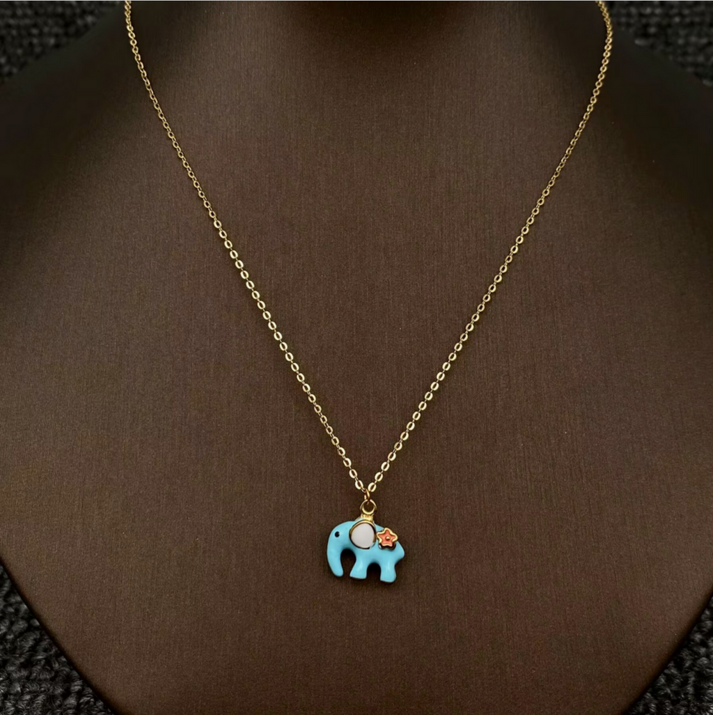 Cute Blue Enamel Elephant 18K Golden S.Steel Neclace
