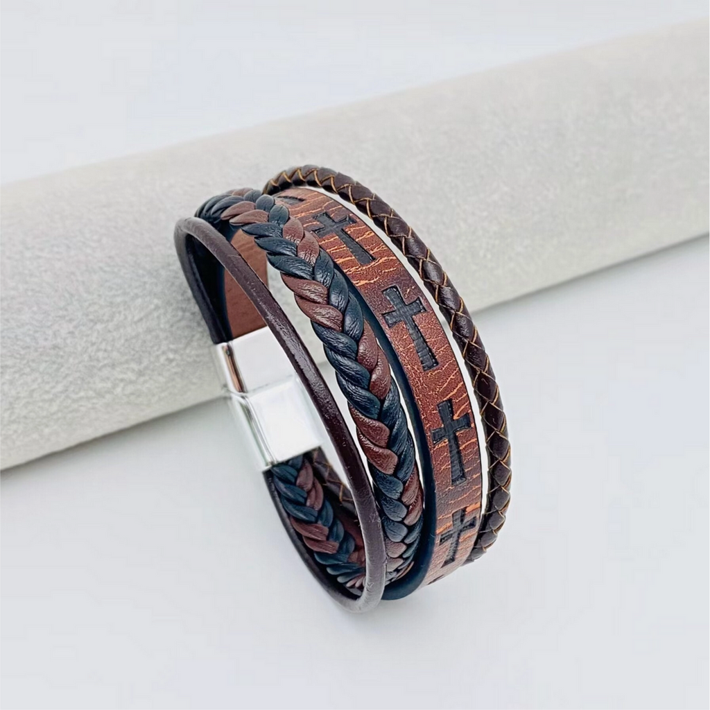Handmade Leather Cross Men's Magnetic Buckle Bracelet -Mj/Bc