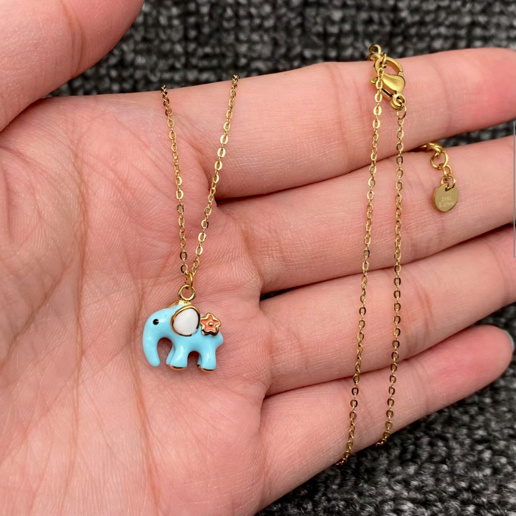 Cute Blue Enamel Elephant 18K Golden S.Steel Neclace