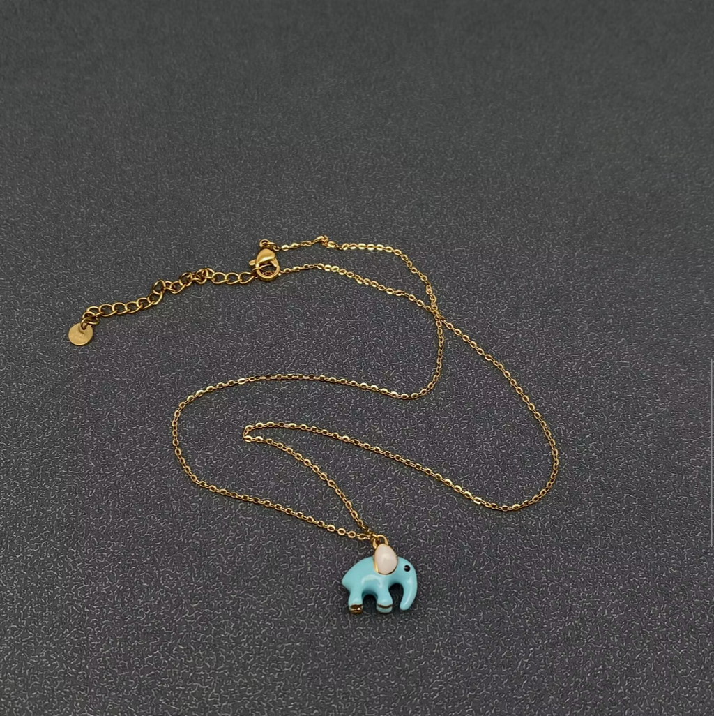Cute Blue Enamel Elephant 18K Golden S.Steel Neclace